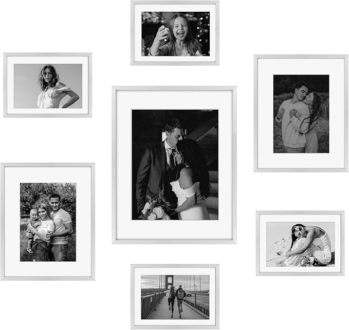 Frametory, Silver Aluminum Picture Frame with Removable Mat - Set of 7 Includes Four 5x7, Two 8x10, One 11x14 - Real Glass Front - Simple Gallery Wall Frames for Art Prints and Posters