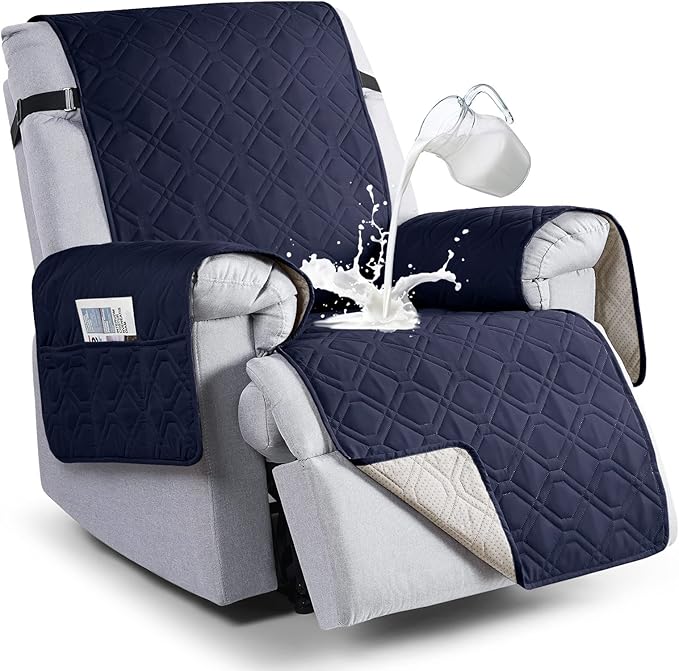 VANSOFY 100% Waterproof Recliner Chair Covers, Recliner Cover Non-Slip Dog Chair Cover Furniture Protector Washable Slipcover with Pocket, Elastic Straps for Pets, Dogs(Dark Blue, 22")