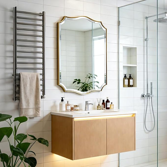 POZINO Scalloped Beveled Mirror, 24"x36" Brushed Gold Modern Bathroom Mirror, Brass Rectangle Wavy Vanity Mirrors for Living Room Bedroom Fireplace Entryway, Hangs Vertically or Horizontally