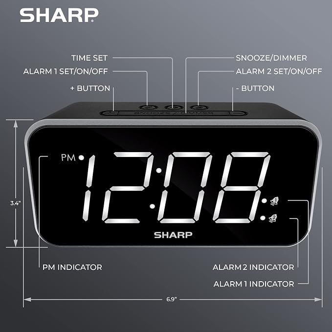 Sharp Digital Alarm Clock, 1.8" Jumbo White LED Display, Dual Alarm, Black - Image 3