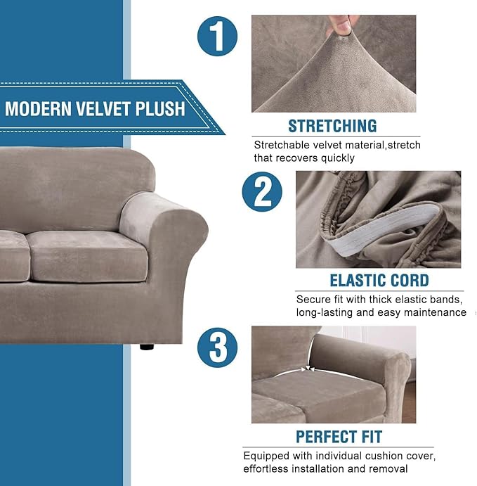 H.VERSAILTEX Real Velvet Plush 3 Piece Stretch Sofa Covers Couch Covers for 2 Cushion Couch Loveseat Covers Width Up to 72 Inch Feature Thick Soft Stay in Place (Medium Sofa, Taupe)