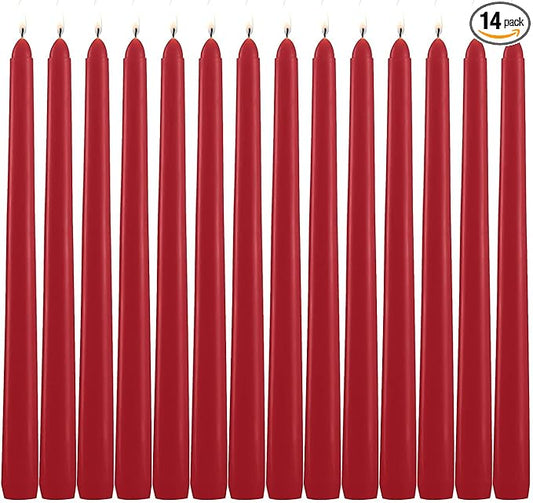 14 Pack Tall Red Taper Candles - 10 Inch Red Dripless, Unscented Dinner Candle - Paraffin Wax with Cotton Wicks - 8 Hour Burn Time.