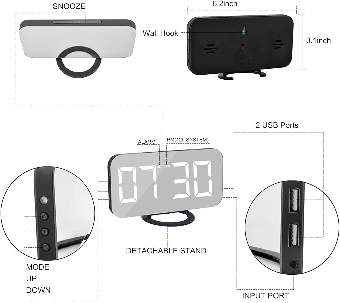 SZELAM Digital Clock Large Display, LED Alarm Electric Clocks Mirror Surface for Makeup with Diming Mode, 3 Levels Brightness, Dual USB Ports Modern Decoration for Home Bedroom Decor-Black - Image 4