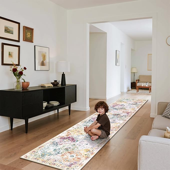 Ileading Washable Hallway Runner Rugs, 2x10 Non Slip Runners Area Rug for Entryway Kitchen Bathroom Bedroom Laundry Living Room, Long Narrow Low-Pile Floor Carpet Boho Vintage Throw Mat for Kids Room