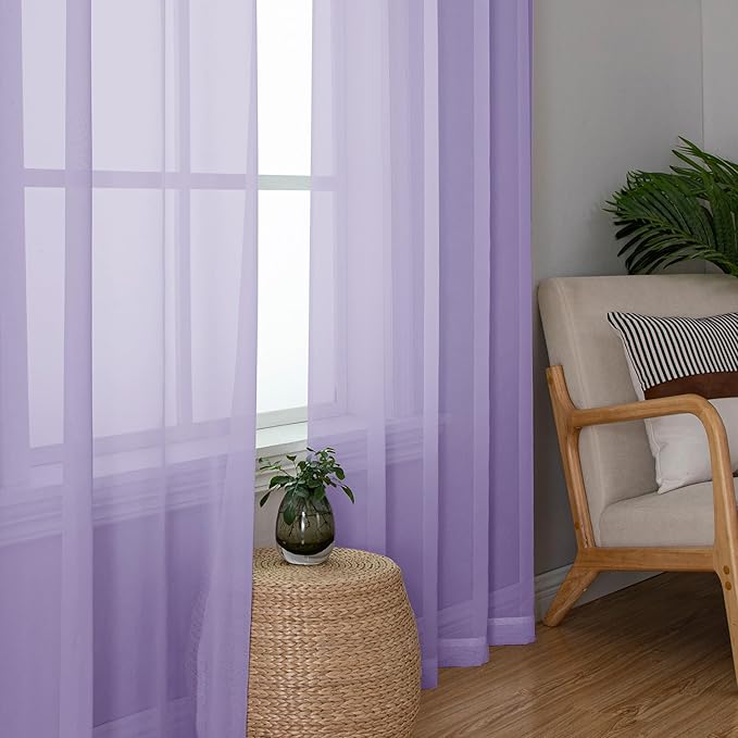 Lecloud Lavender Sheer Curtains 90 Inches Long 2 Panels Set, Light Filtering Solid Voile Drapes, Airy Privacy Window Decor Curtains with Rod Pocket for Living Room Girl's Bedroom, Each 42" W x 90" L
