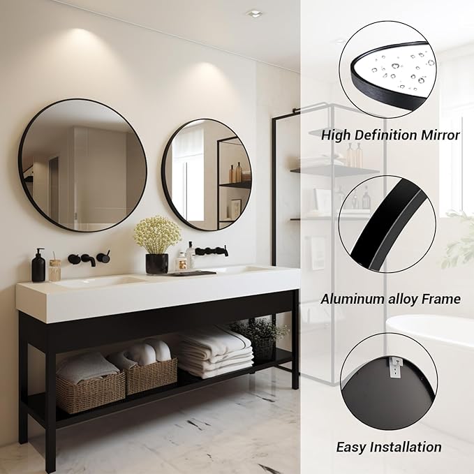 Sunniry Black Circle Mirror, Round Bathroom Mirror 20 inch, Round Wall Mirror Metal Frame, Circle Mirrors for Bathroom, Vanity, Bedroom, Hallway.