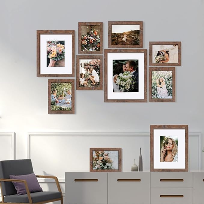 SESEAT Picture Frames Collage, Gallery Wall Frame Set with 11x14 8x10 5x7 4x6 Frames in Brown Finishes, Set of 10