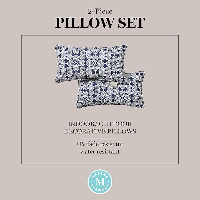 Martha Stewart Tulum Indoor Outdoor Decorative Lumbar Pillow 2-Pack Set, UV Fade Resistant, Water Repellent, Printed Modern Design, Navy Blue, 11"x18"