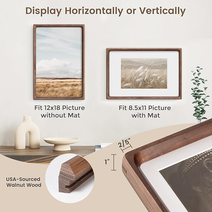 12x18 Poster Frame, USA-Sourced Walnut Wood Picture Frame with HD Tempered Glass, Handcrafted Rounded Corner 12 x 18 Wooden Frames Matted to 8.5x11 Photos, Horizontal or Vertical Wall Display