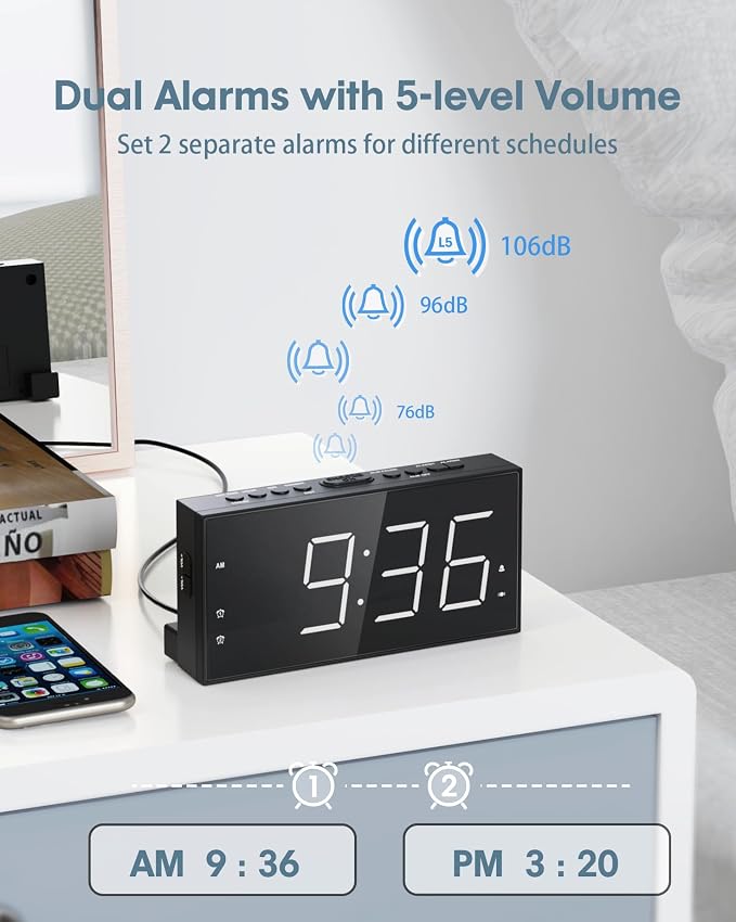 Alarm Clock for Heavy Sleepers with Bed Shaker, Vibrating Alarm Clock | Dual Alarms, USB Charger, 7.5" Large LED Display, 5 Dimmer, Snooze, 12/24H &DST, Plug in Clock with Memory Function - Image 3