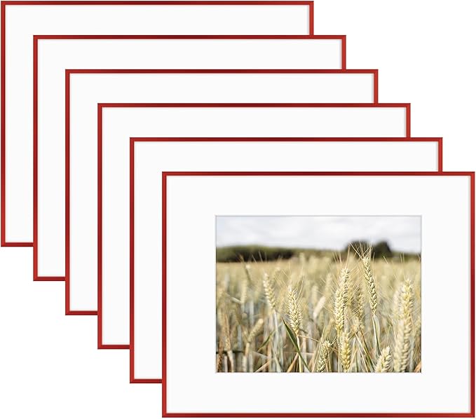 Golden State Art 16x20 Picture Frame 6 Pack - Dark Red Aluminum Photo Frames With 11x14 Mats and Real Glass Cover - Elegant Minimalist Wall Gallery Frames for Home or Office Decor