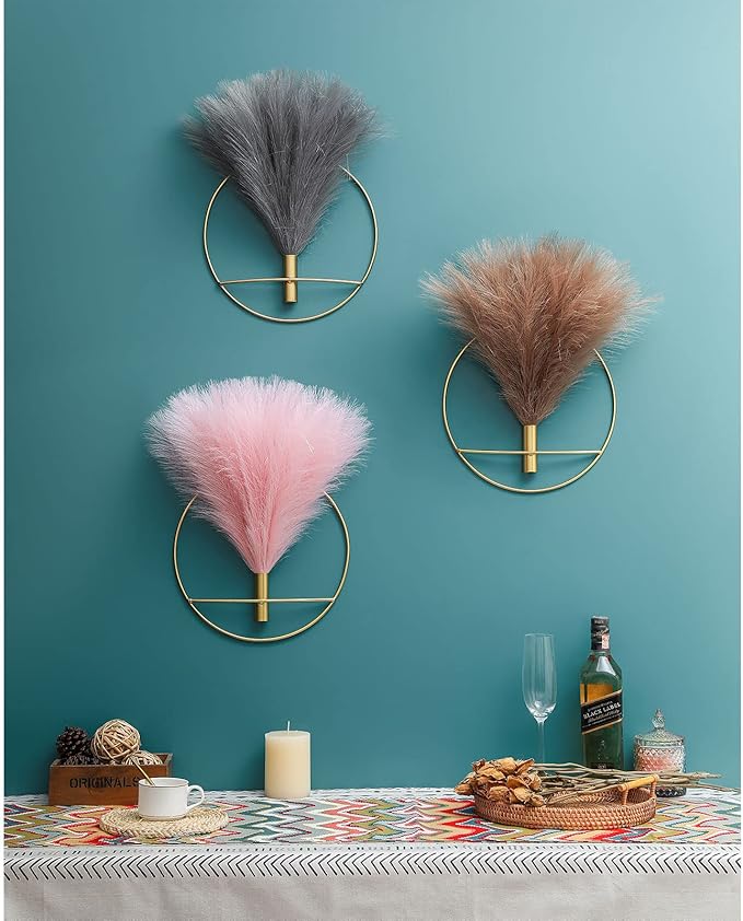 Pretty Jolly Boho Wall Decor, Large Wall-Mounted Metal Wall Decor, Hanging Artificial Pampas Display, Wall Art Living Room, Bedroom, Bathroom, Dining room, 2 Pack Gold Coffee