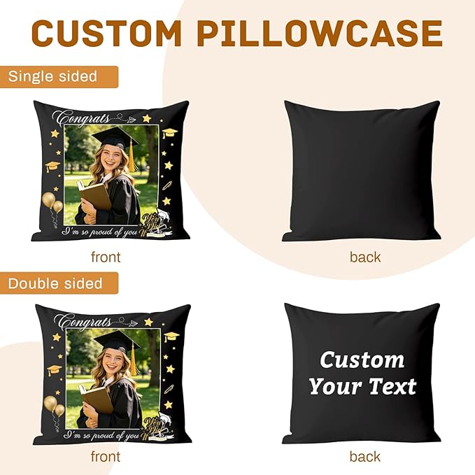 Custom Pillow with Picture & Text - Include Insert, Personalized Graduation Gifts for Class of 2026, Inspirational Souvenir Gifts for Senior College Masters