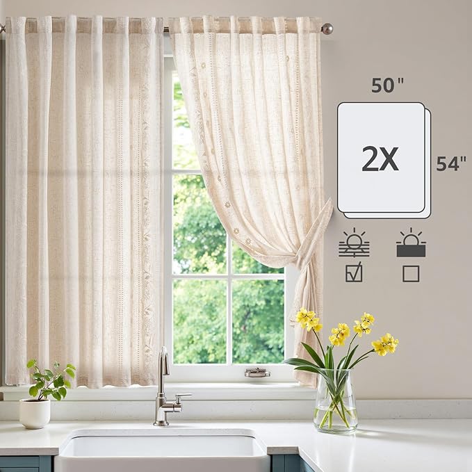 jinchan Winslow Linen Curtains 54 Inch Length Small Window Curtains Embroidered Bordered Floral Drapes Light Filtering for Bathroom Laundry Room Kitchen Farmhouse Decor White on Beige 2 Panels