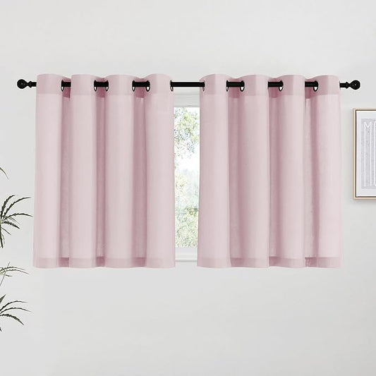 NICETOWN Blush Pink Linen Curtains for Kitchen, Thick Flax Small Window Treatments Semi Sheer Privacy Assured with Light Through for Cafe/Bathroom, W55 x L36, 2 Panels