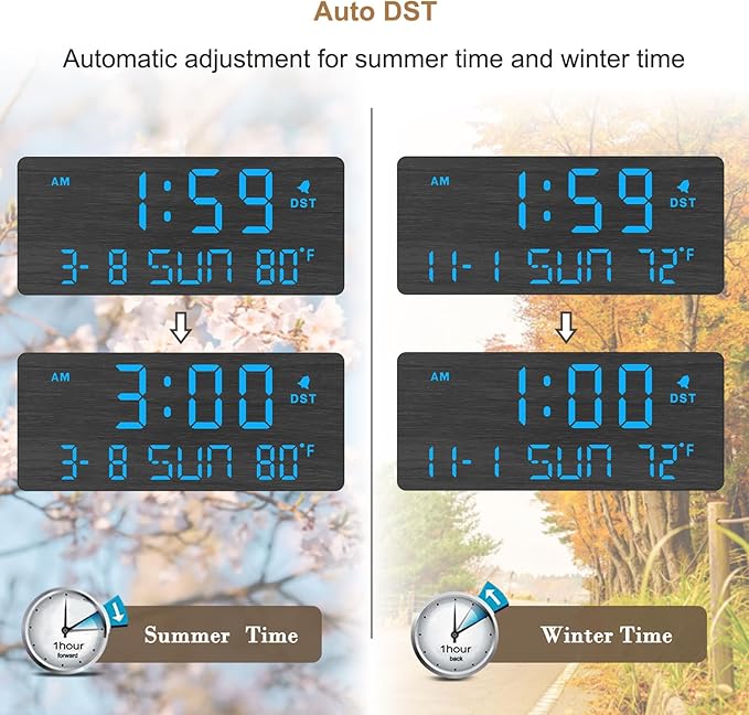 DreamSky Wooden Digital Alarm Clocks for Bedrooms - Living Room Desk Clock with Date and Day of Week, Temperature, USB Port, Dimmer Wheel, Adjustable Volume, Auto DST, Wood Decor for Office Table