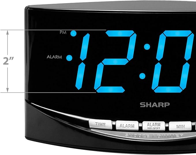 Sharp Digital Alarm Clock, 2" Jumbo Blue LED Display, High/Low Volume | 2-step dimmer, easy-set controls, snooze, battery backup, across-room viewing, bedroom, nightstand, office, seniors, elderly - Image 4