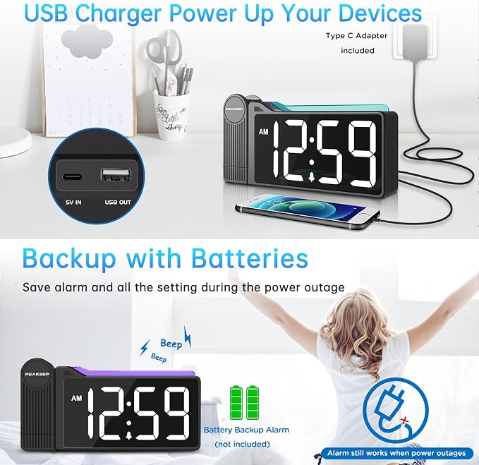 Peakeep Projection Alarm Clock for Bedroom Ceiling with Colorful Nightlight - Image 7