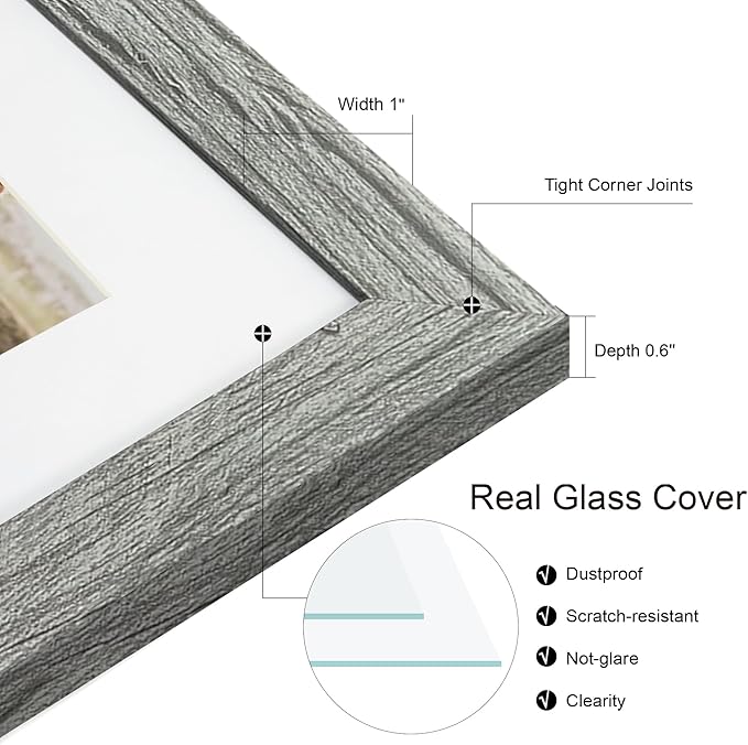 12x12 Picture Frame Set of 2, Grey Wood Frame with Glass Collage Frame, Display Pictures 4-4x6 With Mat or 12 x 12 Without Mat, Square Photo Frames Collage for Wall Hanging or Tabletop