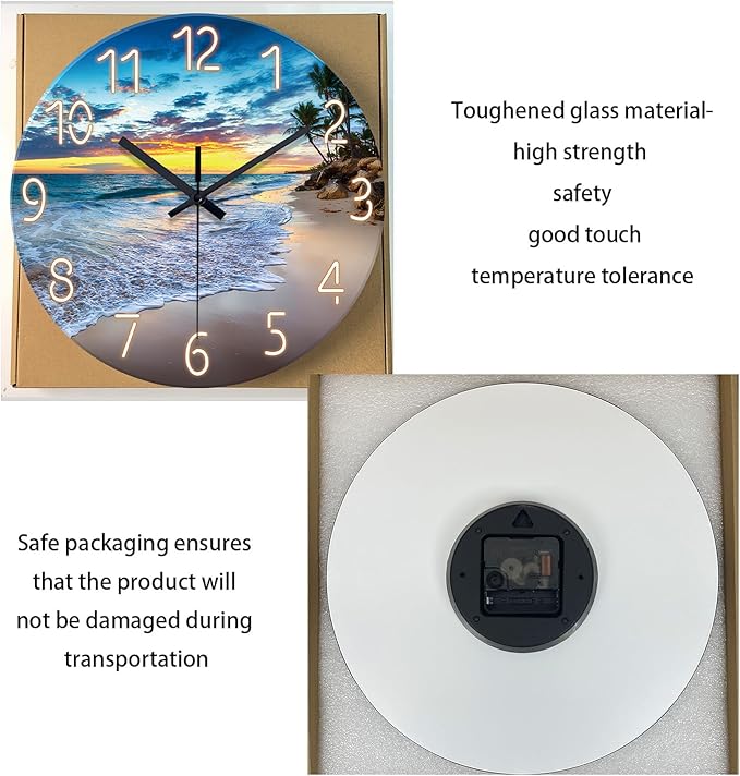 Beach Clocks Wall Decor Glass Modern Coastal Wall Clock Silent Non Ticking Blue Ocean Wall Clock Battery Operated 14 Inch