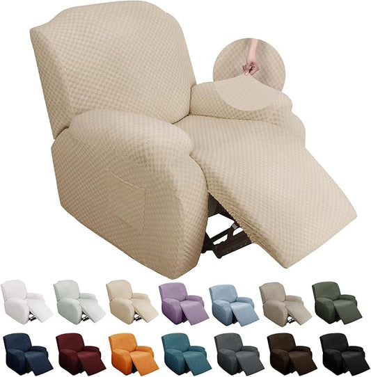 YEMYHOM 4 Pieces Stretch Recliner Slipcover Latest Jacquard Recliner Chair Cover with Side Pocket Anti-Slip Fitted Recliner Cover Couch Furniture Protector with Elastic Bottom (Recliner, Beige)