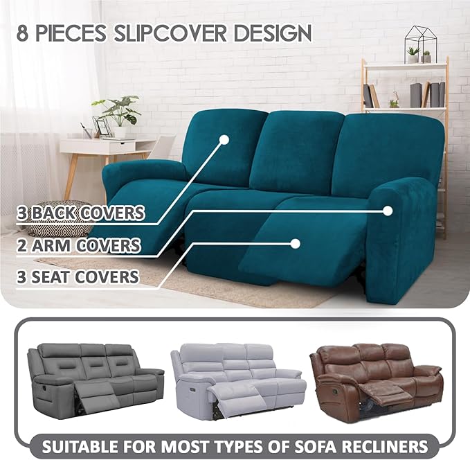 ULTICOR Velvet 8-Pieces Recliner Sofa Covers Stretch Reclining Couch Covers for 3 Cushion Reclining Sofa Slipcovers Furniture Covers Thick Soft Washable (3 Seater Recliner Cover, Deep Teal)