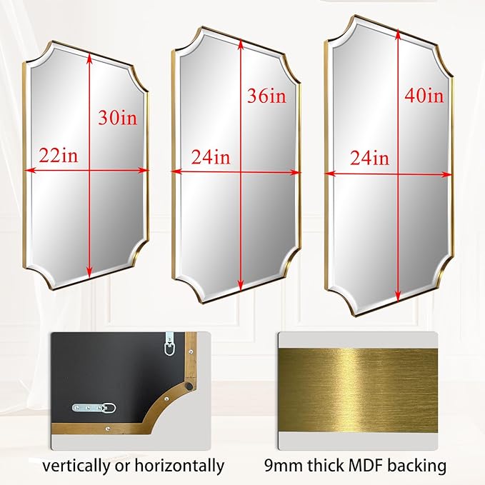 POZINO Rectangle Beveled Mirror, 22"x30" Brushed Gold Bathroom Vanity Mirror, Modern Aesthetic Scalloped Edge Wall Mirrors for Bedroom Living Room Hallway Entryway, Horizontal or Vertical Hanging