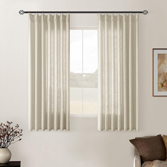 TWODRAPES Linen Pinch Pleated Linen Curtains 2 Panels for Living Room Bedroom Memory Training Shaped Semi Sheer Pleat Drapes with Hooks Rings Light Filtering Window Curtain 40x45