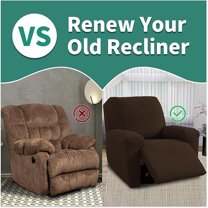YEMYHOM 4 Pieces Oversized Stretch Recliner Slipcover Jacquard Large Recliner Chair Cover with Side Pocket Anti-Slip Fitted Furniture Protector with Elastic Bottom (X-Large Recliner, Dark Coffee)