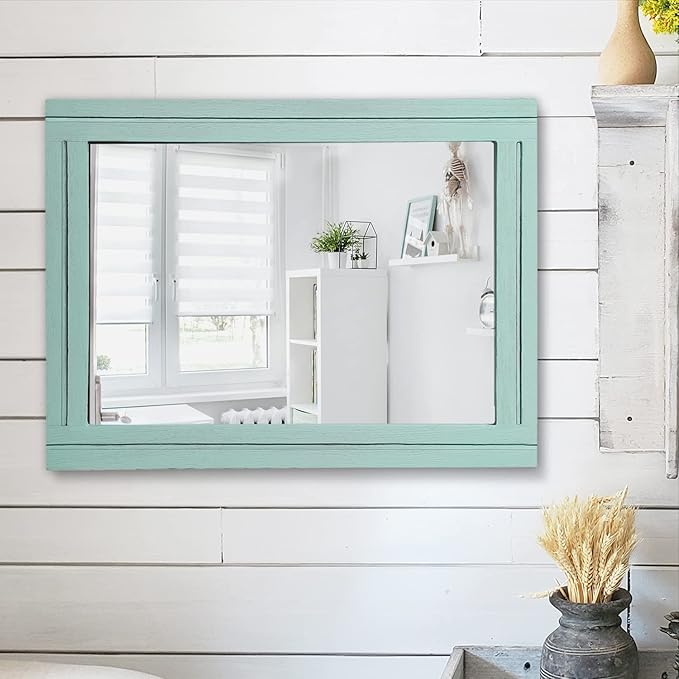 AAZZKANG Rectangle Wall Mirror with Wood Framed Modern Hanging Mirrors Decor for Bedroom Bathroom Living Room Entrance Green Large 20"x16"