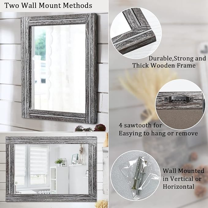 AAZZKANG Rustic Mirror Large Wood Framed Wall Mirror 70 x 50cm Rectangle Bedroom Bathroom Farmhouse Vanity Mirror