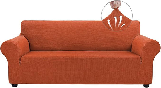 Asnomy Couch Covers for 3 Cushion Couch Stretch Sofa Covers Slipcovers, Pet Protector Furniture Covers for Dogs Cats Spandex Jacquard Fabric Small Checks（X-Large，Punpkin）