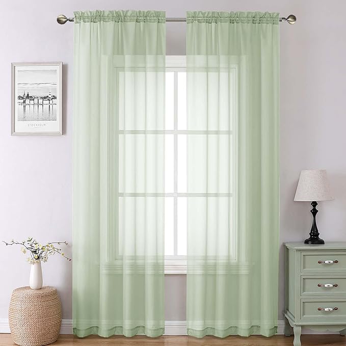Lecloud Light Green Sheer Curtains 90 Inches Long 2 Panels, Modern Light Filtering Breathable Curtain, Gauzy Stylish Home Decor Drapes with Rod Pocket for Living Room Bedroom, Each 42" W x 90" L