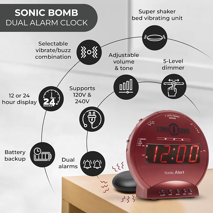 Sonic Alert Sonic Bomb Dual Alarm Clock with Bed Shaker, Red Vibrating Alarm Clock Heavy Sleepers, Battery Backup | Wake with a Shake - Image 5