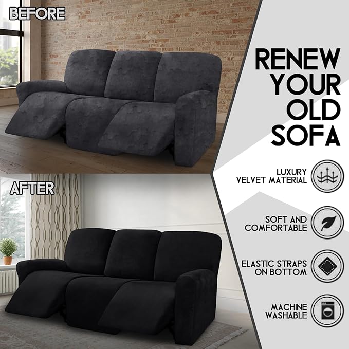 ULTICOR Velvet 8-Pieces Recliner Sofa Covers Stretch Reclining Couch Covers for 3 Cushion Reclining Sofa Slipcovers Furniture Covers Thick Soft Washable (3 Seater Recliner Cover, Black)