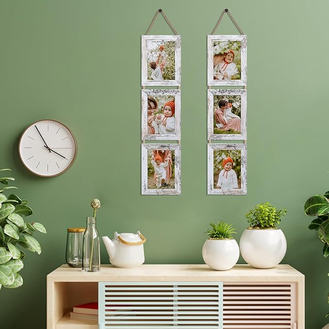 Lavezee 5x7 Collage Hanging Triple Picture Frames Set, 6 Opening Distressed White Vertical Frame Made to Display 5 by 7 Inch Photo Prints for Wall Decor