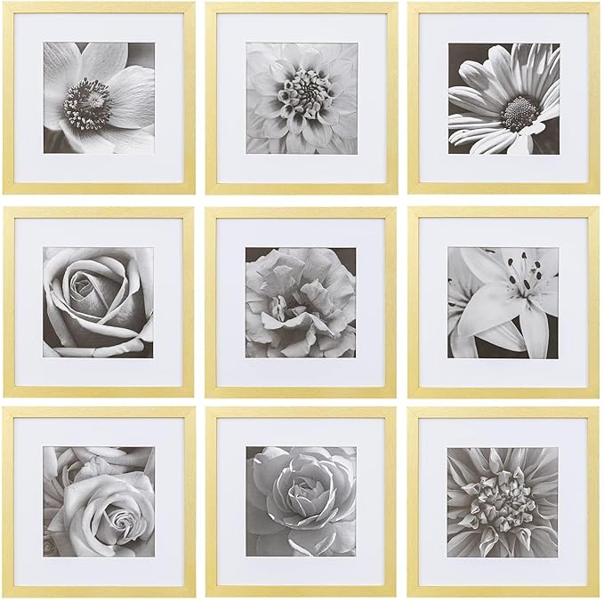 eletecpro 12x12 Picture Frames Set of 9 with Clear Acrylic Cover, Display 8x8 Photos with Mat or 12x12 Without, Classic and Sturdy Square Collage Gallery Wall Decor, Easy Wall Mount, Gold