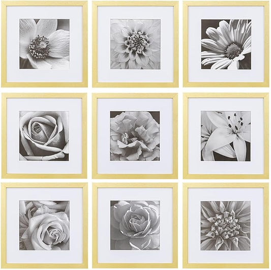 eletecpro 12x12 Picture Frames Set of 9 with Clear Acrylic Cover, Display 8x8 Photos with Mat or 12x12 Without, Classic and Sturdy Square Collage Gallery Wall Decor, Easy Wall Mount, Gold