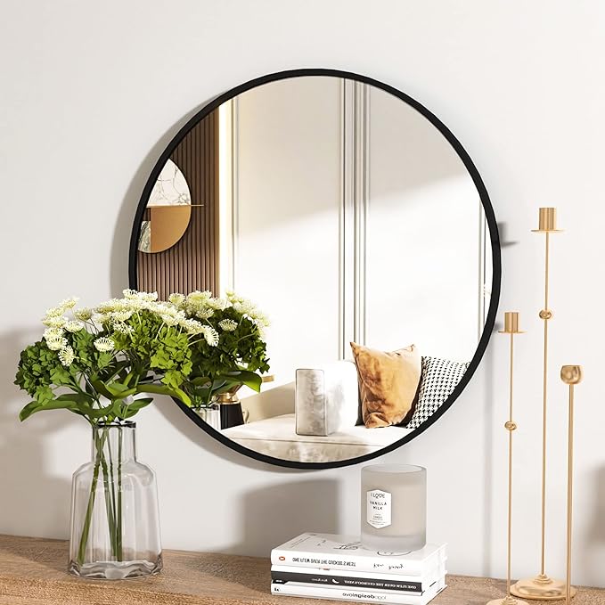 HARRITPURE Round Mirror 15.7 Black Wall Mounted Circle Mirrors Vanity Mirror with Brushed Aluminum Alloy Frame Modern Decoration for Bathroom, Living Room, Vanity, Bedroom, Entryway