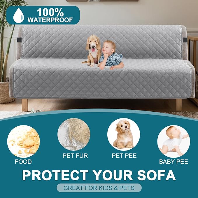 Turquoize 100% Waterproof Futon Cover Futon Slipcover Washable Armless Sofa Bed Slipcover Protector Seat Width Up to 70" with Adjustable Elastic Strap Anti-Slip for Dogs, Dove Gray