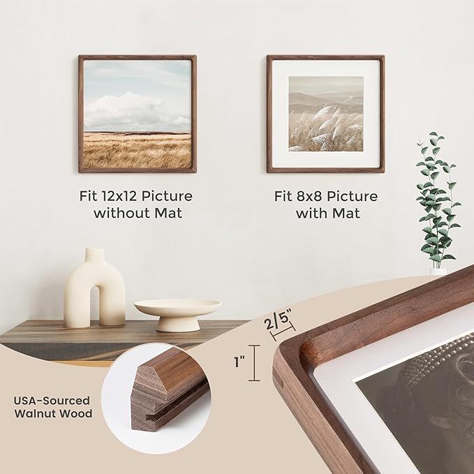 12x12 Frame, USA-Sourced Walnut Wood Photo Frames with HD Tempered Glass, Handcrafted Rounded Corner Square Wooden Frames Matted to 8x8 Photos, 12x12 Picture Frame, Tabletop or Wall Display