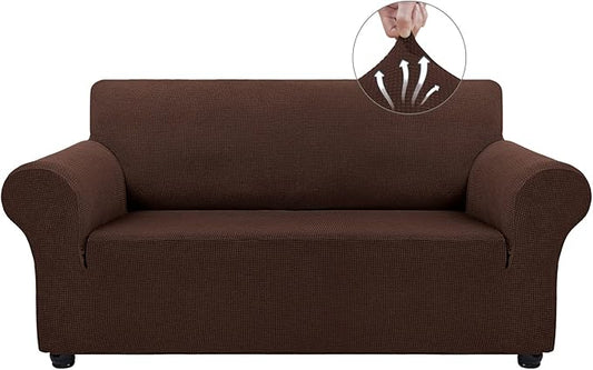 Asnomy Sofa Covers for 2 Cushion Couch Stretch loveseat Covers Slipcovers, Pet Protector Furniture Covers for Dogs Cats Spandex Jacquard Fabric Small Checks （Medium，Chocolate）
