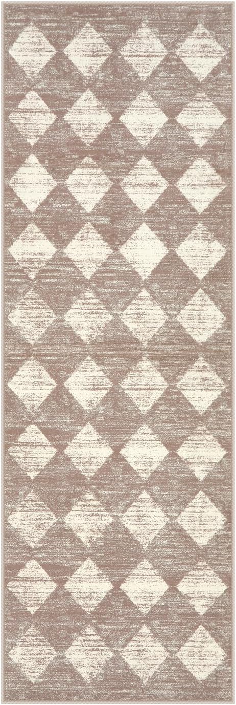Lahome Zelie Moroccan Treills Runner Rug, 2x6 Beige Washable Rug Runner Carpet Runners for Hallway 6ft Non Skid, Checkered Kitchen Bathroom Non Skid Runners for Bedroom Hallway Entryway