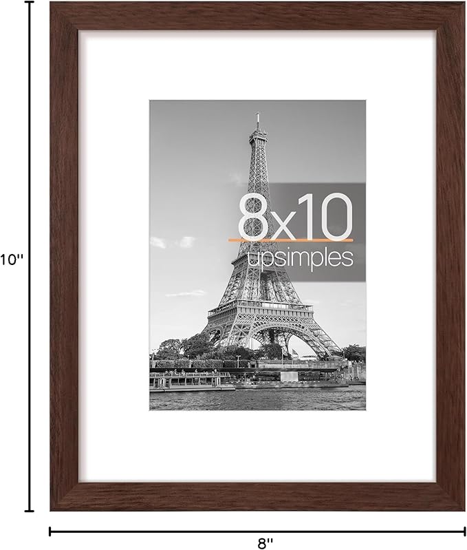 upsimples 8x10 Picture Frame, Display Pictures 5x7 with Mat or 8 x 10 Without, Wall Hanging Photo Frames, Brown, 1 Pack