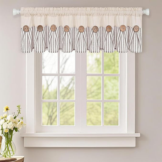 ASPMIZ Farmhouse Valances for Windows, Boho Kitchen Valances Curtains with Rustic Buttons, Brown Striped Window Valance for Living Room, Cotton Linen Valance for Bathroom, 60 x 14 Inches