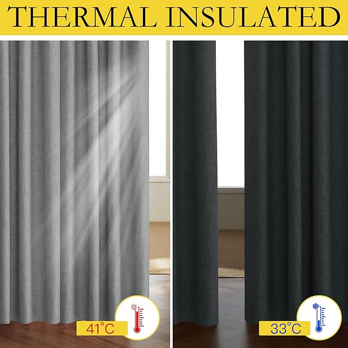 NICETOWN 100% Absolutely Blackout Linen Curtains with Thermal Insulated White Liner, Dove Grey, W62, 2 Pieces, Noise Reducing Textured Linen Look Curtains for Windows 120 inch Length for Classroom