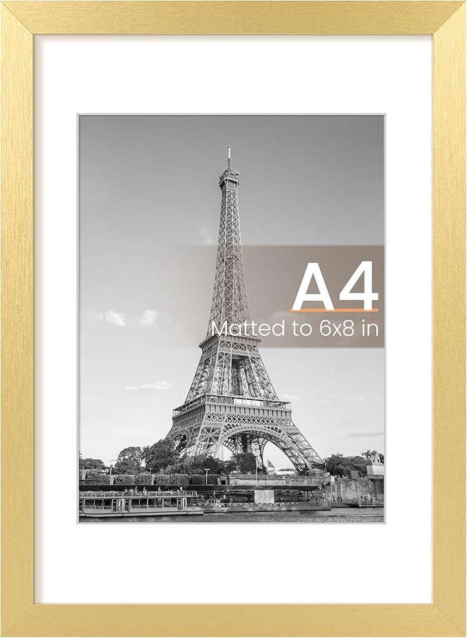 upsimples A4 Picture Frame, Display Pictures 6x8 with Mat or 8.3 x 11.7 Without, Wall Hanging Photo Frames, Gold, 1 Pack