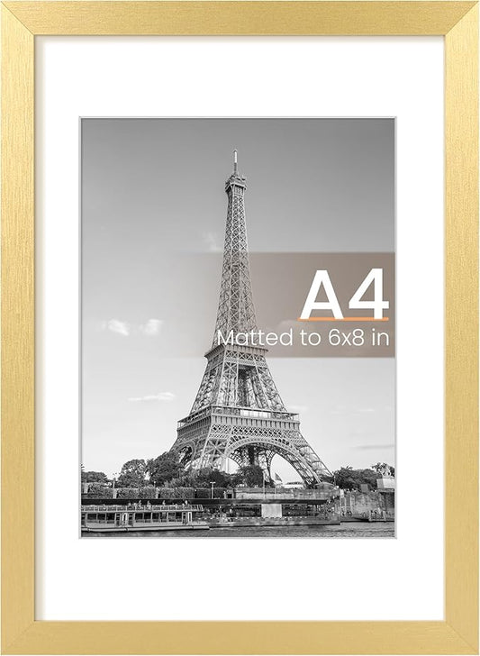 upsimples A4 Picture Frame, Display Pictures 6x8 with Mat or 8.3 x 11.7 Without, Wall Hanging Photo Frames, Gold, 1 Pack