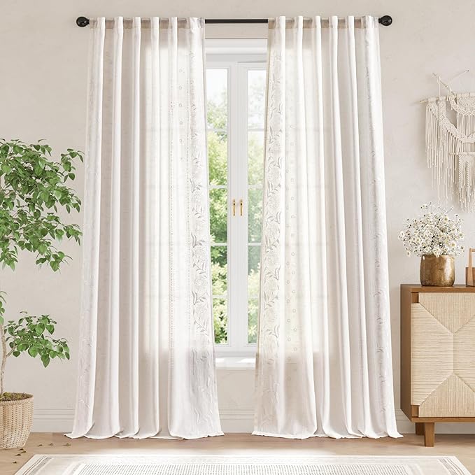 jinchan Winslow Linen Curtains for Bedroom 96 Inches Length Embroidered Bordered Floral Curtains for Living Room Farmhouse Decor Light Filtering Window Treatments White on White Drapes 2 Panels