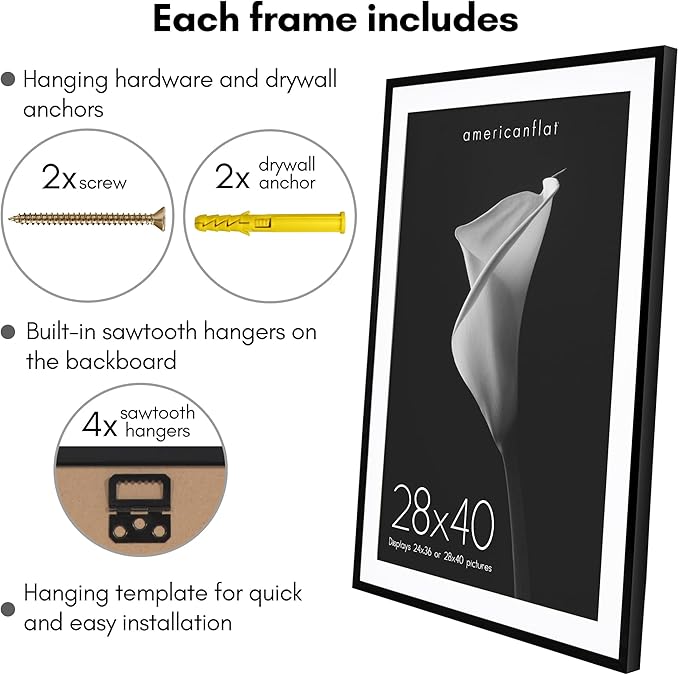 Americanflat 28x40 Poster Frame with Polished Plexiglass - Use as 24x36 Frame with Mat or Display 28x40 Photo Without Mat - Soho Collection - Deep Molding Picture Frames for Wall Display - Black
